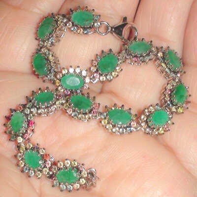LOVLY! 100 % NATÜRLICHES UNBEHEIZTES GRÜNES SMARAGD 925 STERLINGSILBER ARMBAND. 6,8''