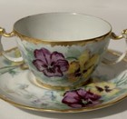ANTIQUE J P L LIMOGES TWO HANDLE TEA CUP SAUCER GOLD TRIM PURPLE YELLOW FRANCE