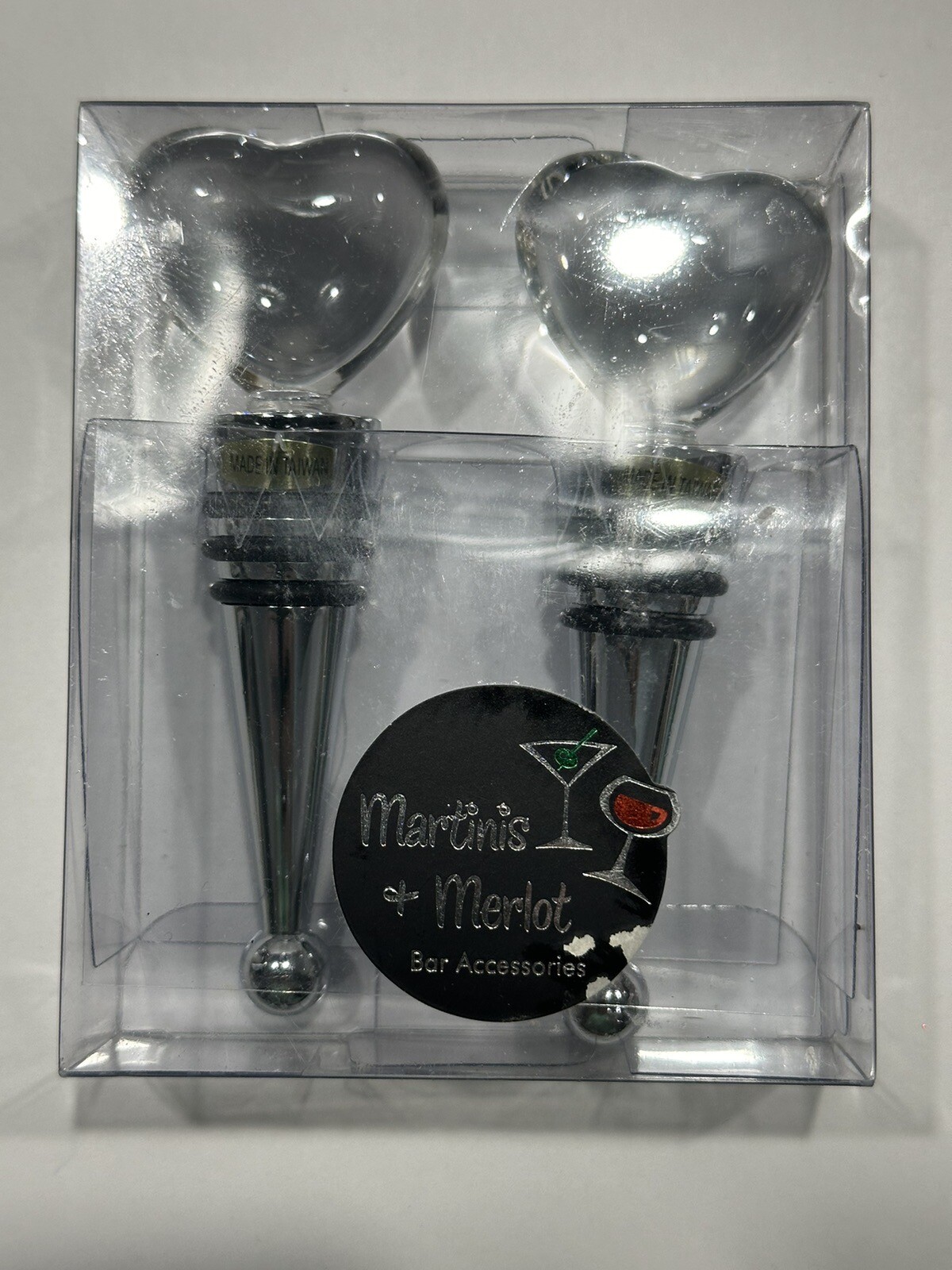 Pair of Crystal Wine Cork Screw Stopper By Martinis & Merlot. HEART