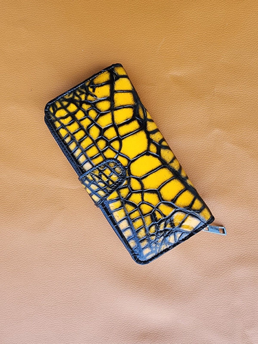 Patina Yellow 100% Real Genuine Exotic Leather Skin Men's Long Zipper Wallet