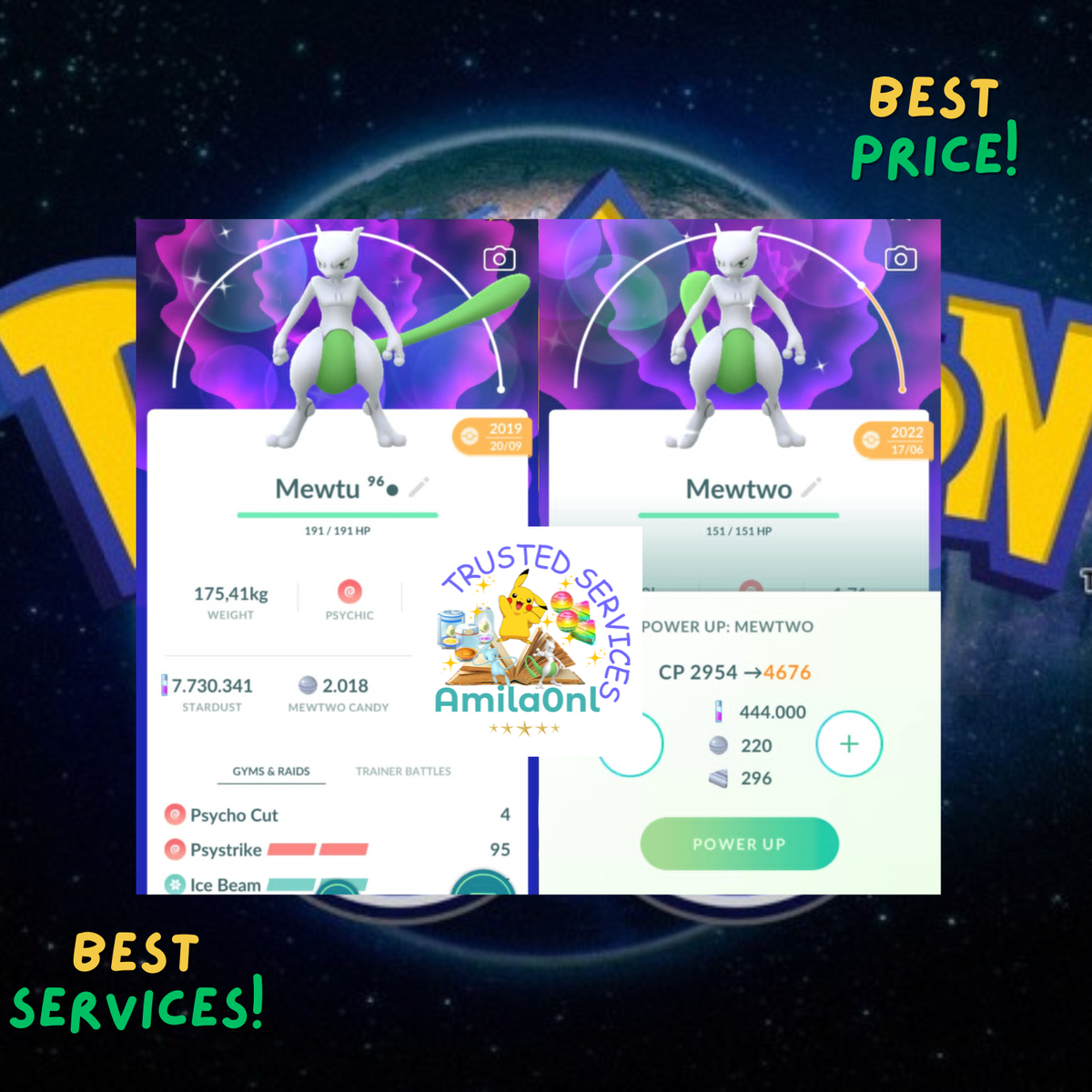 Pokémon shiny Mewtwo level 50 moves caught (year 2019 or NON) -Tra/De