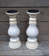 2er Set 33 cm Holz Keramik - Kerzen Leuchter Ständer Halter Shabby Landhaus
