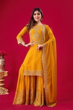 Presenting Latest Georgette Top Palazzo And Yellow Color Dupatta For Function