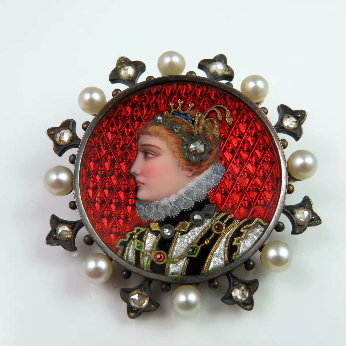 FINE Victorian Diamond Enamel Brooch Pin Natural Pearl 18K Gold Antique Portrait