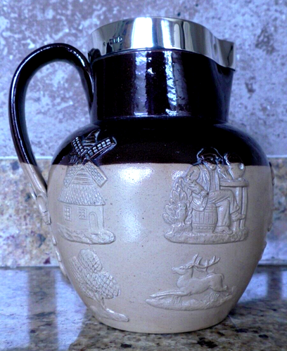 DOULTON Antique c1900 SILVER TOP Harvest Hunting Jug with Many applied Motifs - Picture 10 of 24