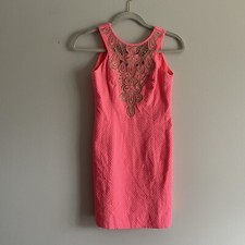 Lilly Pulitzer 00 Coral Pink Sun Ray Gold Embroidered Cutout Largo Shift Dress