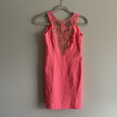 Lilly Pulitzer 00 Coral Pink Sun Ray Gold Embroidered Cutout Largo Shift Dress