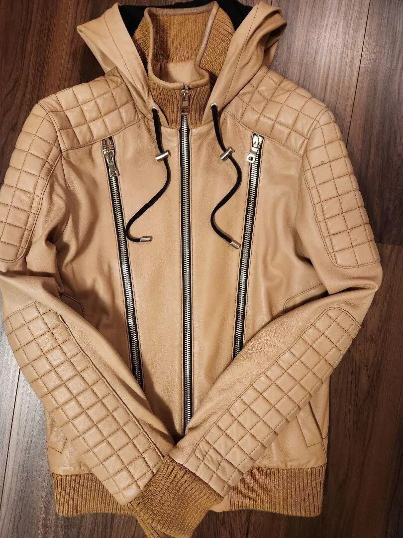 Balmain Homme 3-ZIP Quilted lamb leather riders hoodie Jacket 44