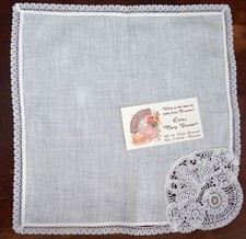 VINTAGE HANKY HANKIE HAND LOOMED BATTENBURG LACE FROM BRUXELLES BRUSSELS NEW TAG