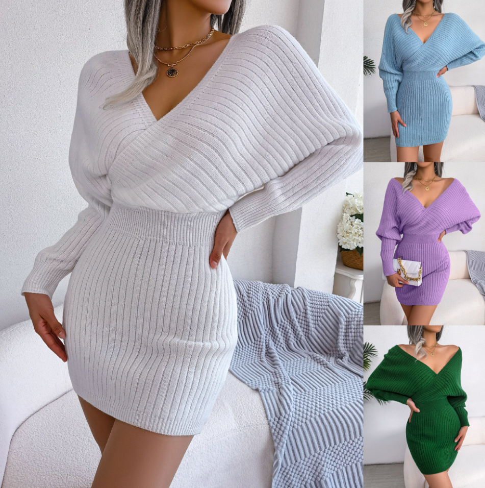 Women's V-neck sweater dress knitted dress winter bodycon dress party dress  wais