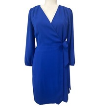 J Crew Crepe 3/4 Sleeve Wrap Dress Women 6 Blue Side Tie Blue Career Workwear