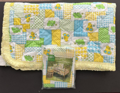 Vtg Curity Baby Crib Sheet & Quilted Blanket Patchwork Pals Animals USA 2pc