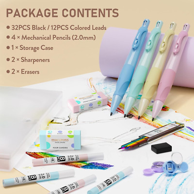 Mechanical Ergonomic Pencils 4 Pack 2.0mm with Leads Erasers Sharpeners