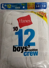 12 Pairs Large 3-9 Hanes Boys White Cushion Crew Socks NEW