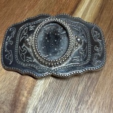 Vintage Western Belt Buckle Blank Silver Tone Scalloped Scrollwork Made in USA