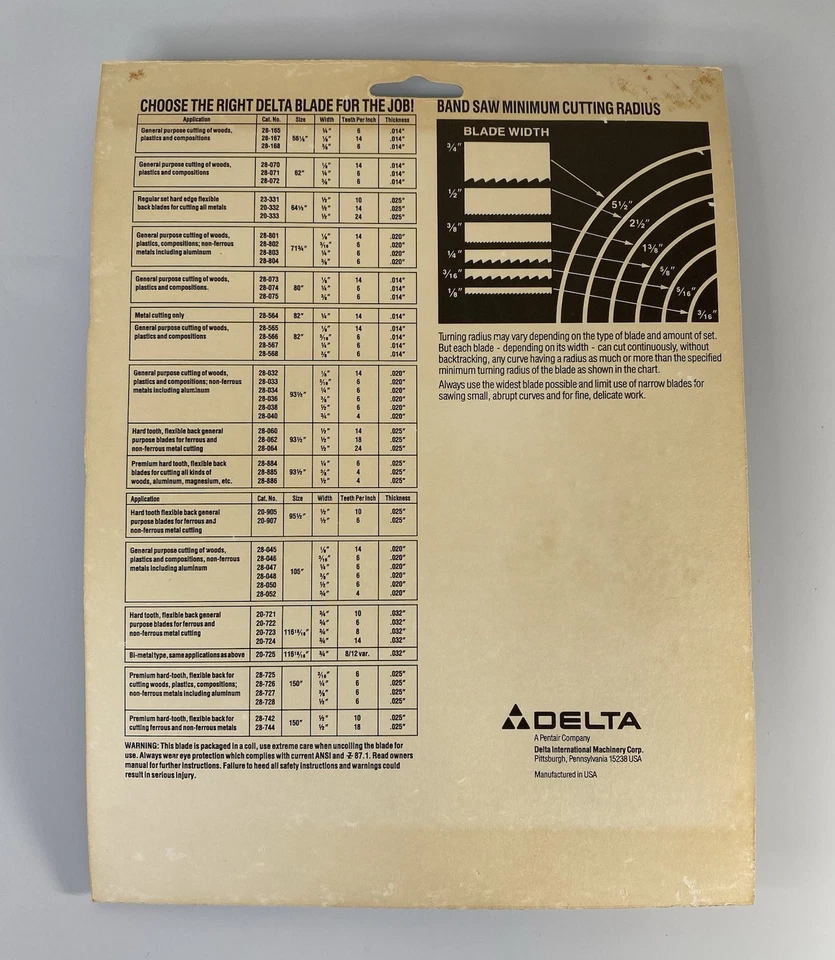 Лезвие ленточной пилы Delta 28-168 ширина 56 1/8 дюйма 3/8 дюйма, толщина 0,014 дюйма 6 точек на дюйм дерево - Изображение 2 из 4
