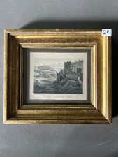 Zamek Aquatinta Langenau Nassau około 1840 roku Dielmann widok na Ren Stitch