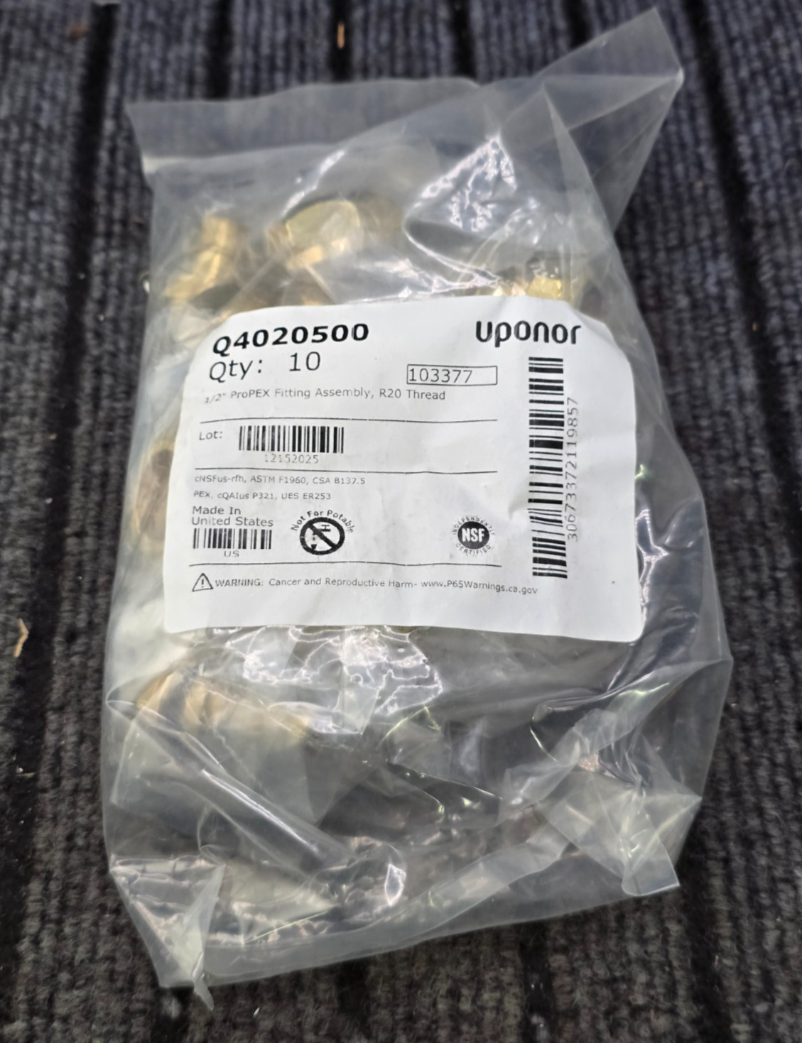 (QTY 10) UPONOR Q4020500: PROPEX FITTING ASSEMBLY 1/2" R20 THREAD
