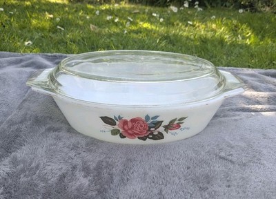 Vintage JAJ Pyrex Cottage Rose Oval Casserole Serving Dish With Glass Lid Retro