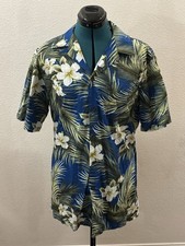 Vintage RJC Hawaiian Shirt Mens L Blue White Hibiscus Palm Leaves Made in Hawaii