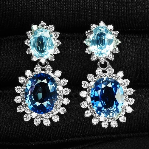 DROP EARRINGS BLUE SAPPHIRE OVAL 15.10CT WHITE GOLD HANDMADE 925 STERLING SILVER