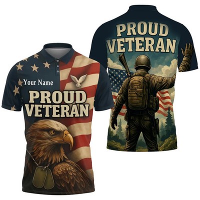 Proud Veteran Custom Name American Flag Eagle Design Polo Shirt