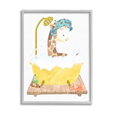 Children's Giraffe Animal Bath Yellow Bathroom Grey Framed Wall Art, White