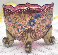 Antique Moser Cranberry Glass Napkin Holder / Vase with Enamel Flowers & Gilding