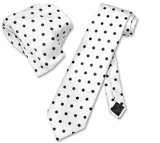 Vesuvio Napoli WHITE with BLACK Polka Dots NeckTie Handkerchief Matching Tie Set
