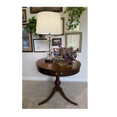 Mersman Antique Round Wood Accent Table with Drawer, Brass Handle, Polished