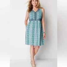 J. Jill Embroidered Ikat Dress Womens L Green Boho Casual Resort Brunch Comfy