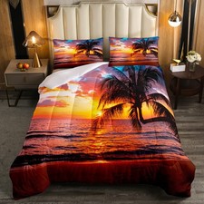 Beach Sunset Bedding Comforter Sets,Tropical Palm Tree Bedding Sets Queen,Sea...