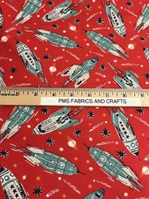 MODA 321 Blast Off Rockets Spaceships 100 cotton fabric by the yard Dull RED