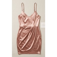 Lulus Rose Gold Satin Wrap Mini Dress Size L Pink Metallic Cocktail Party *