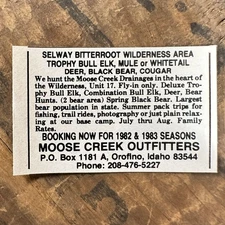1982 Moose Creek Outfitters Selway Bitterroot Area Vintage Print Ad Orofino ID