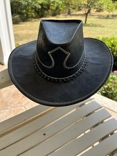 Black Leather Western Cowboy Hat With Braided Band And Stitching