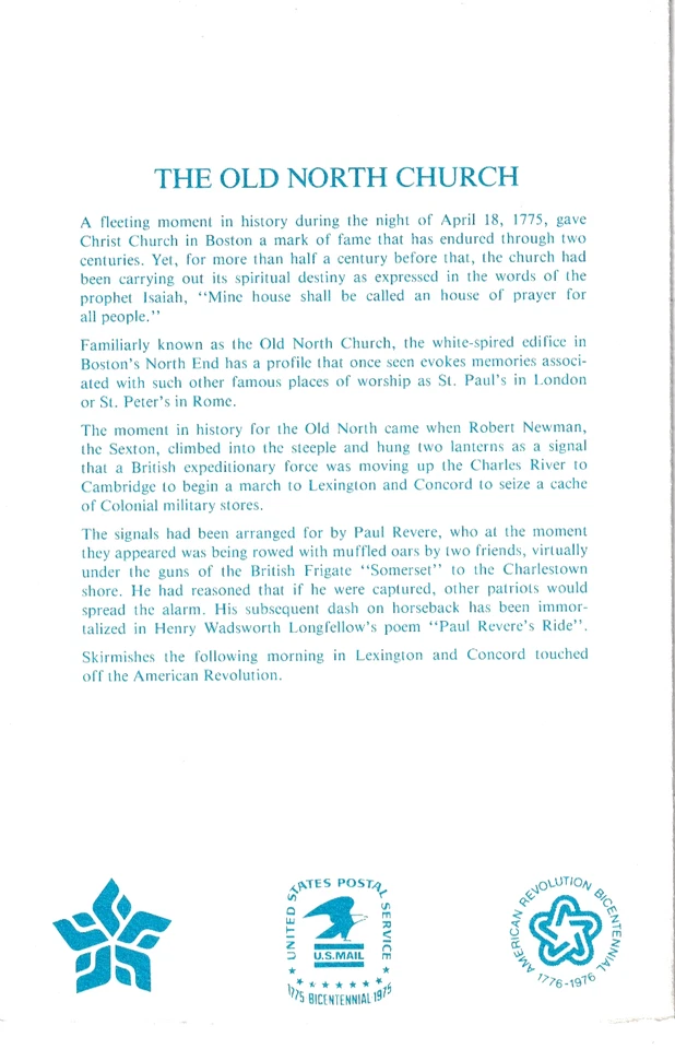 USPS  FDC Ceremony Program #1603 C1  Old North Church Americana Issue 1975 - Image 4 of 4