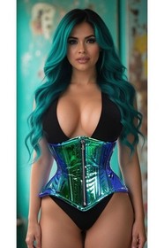 Top Drawer Blue Teal Holo Double Steel Boned Underbust Waist Cincher Corset