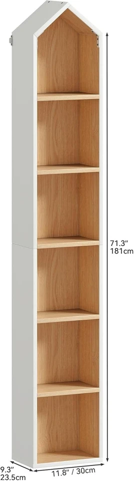 Tall Narrow House-Shaped 6-Tier Corner Bookshelf Space-Saving Display Unit White - Image 3 of 4
