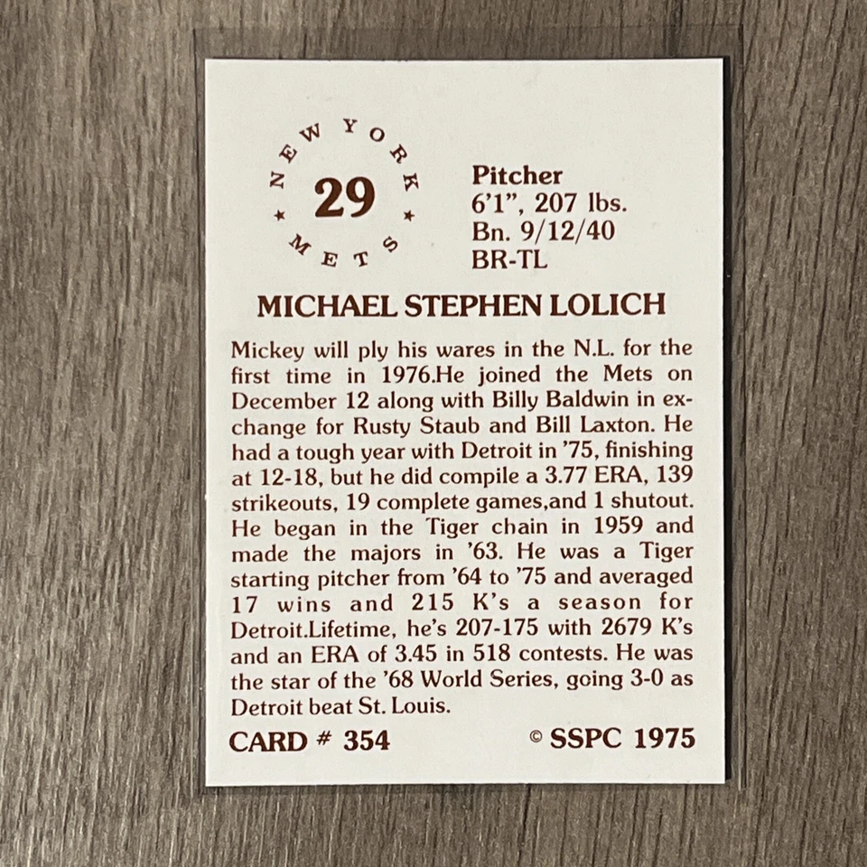 1975 SSPC #354 Mickey Lolich - Image 2 of 2