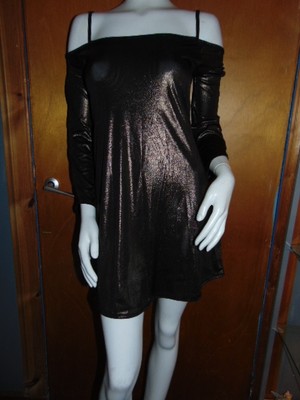 QED London Kleid Party Metallic Stretch Cold Shoulder L/Ärmel 12 Gold Neu mit Etikett