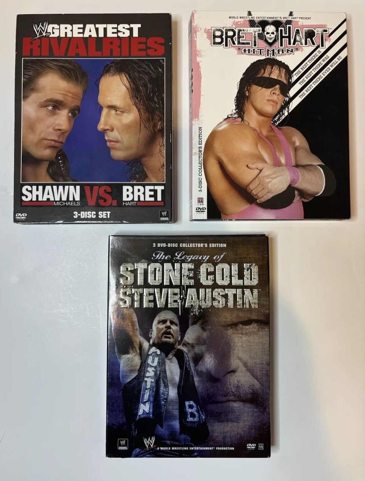Lot of 3 WWE DVDs - Greatest Rivalries, Bret Hart, Stone Cold Steve Austin