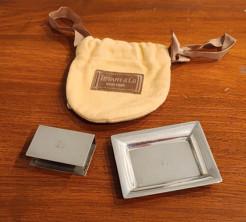 Tiffany Co. Sterling Match Box Holder with Matching Tray “L” Mono Tiffany Pouch