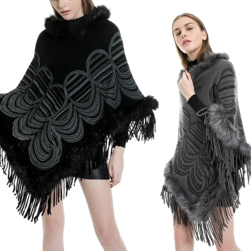 Damen Poncho Cape Mit Fransen – Gestrickt, Eleganter Wickel-Schal Für Herbst