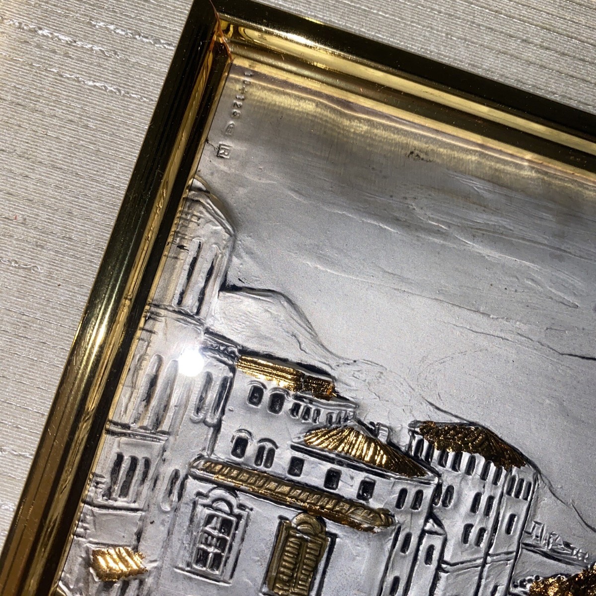 Silver Leaf Foil Art Italian Italy Vintage Gold Framed 17”.5 X 15