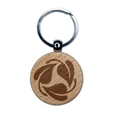 Three Leaves Circle Recycle Pattern Engraved Wood Round Keychain Tag Charm