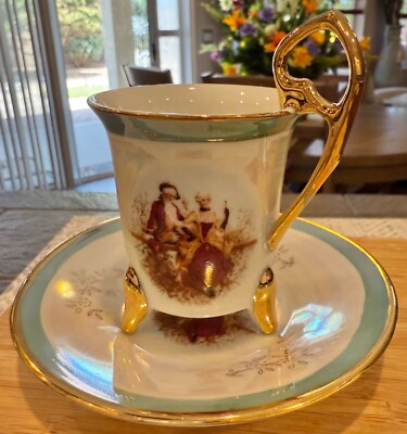 Vintage Porcelain Expresso Cup & Saucer W Heart Handle Gold Gild Courting Couple