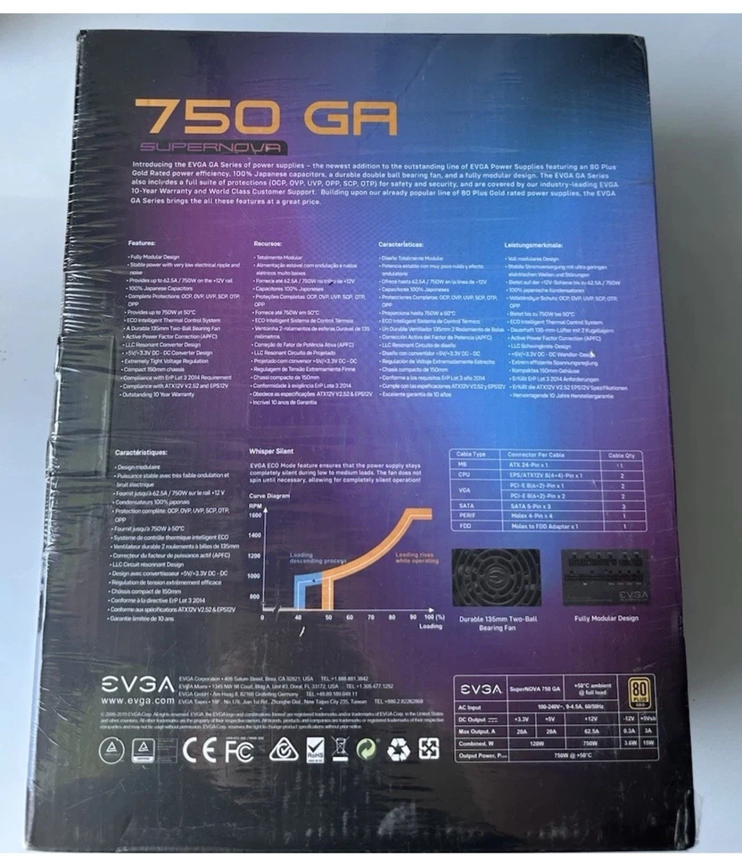 New EVGA SuperNOVA 750 GA 80 Plus Gold 750W Fully Modular Eco Mode Power Supply - Image 2 of 2