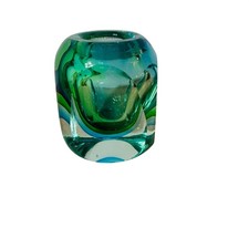 Murano Flavio Poli Seguso Sommerso Faceted Art Glass Blue Green Vase MCM