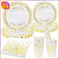 Partygeschirr Set 80 StüCk Weiß Gold Pappteller Servietten Becher Deko